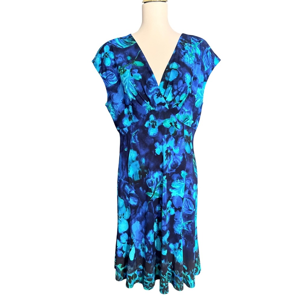Jones New York Dress Womens 16 Blue Teal Floral Watercolor V-Neck Cap Sleeve